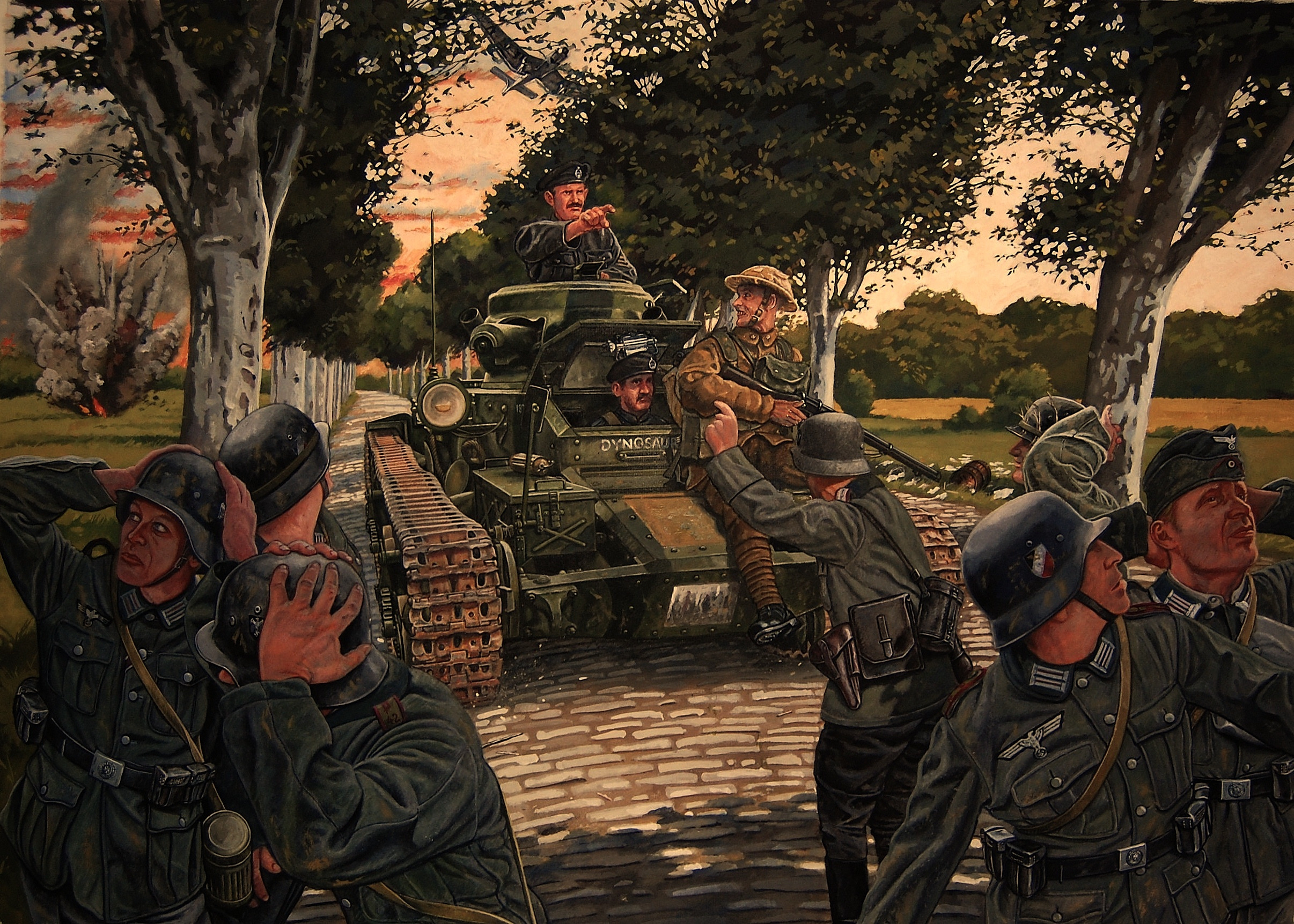 Illustration of Sergeant Strickland escorting German POWs in his Matilda I tank