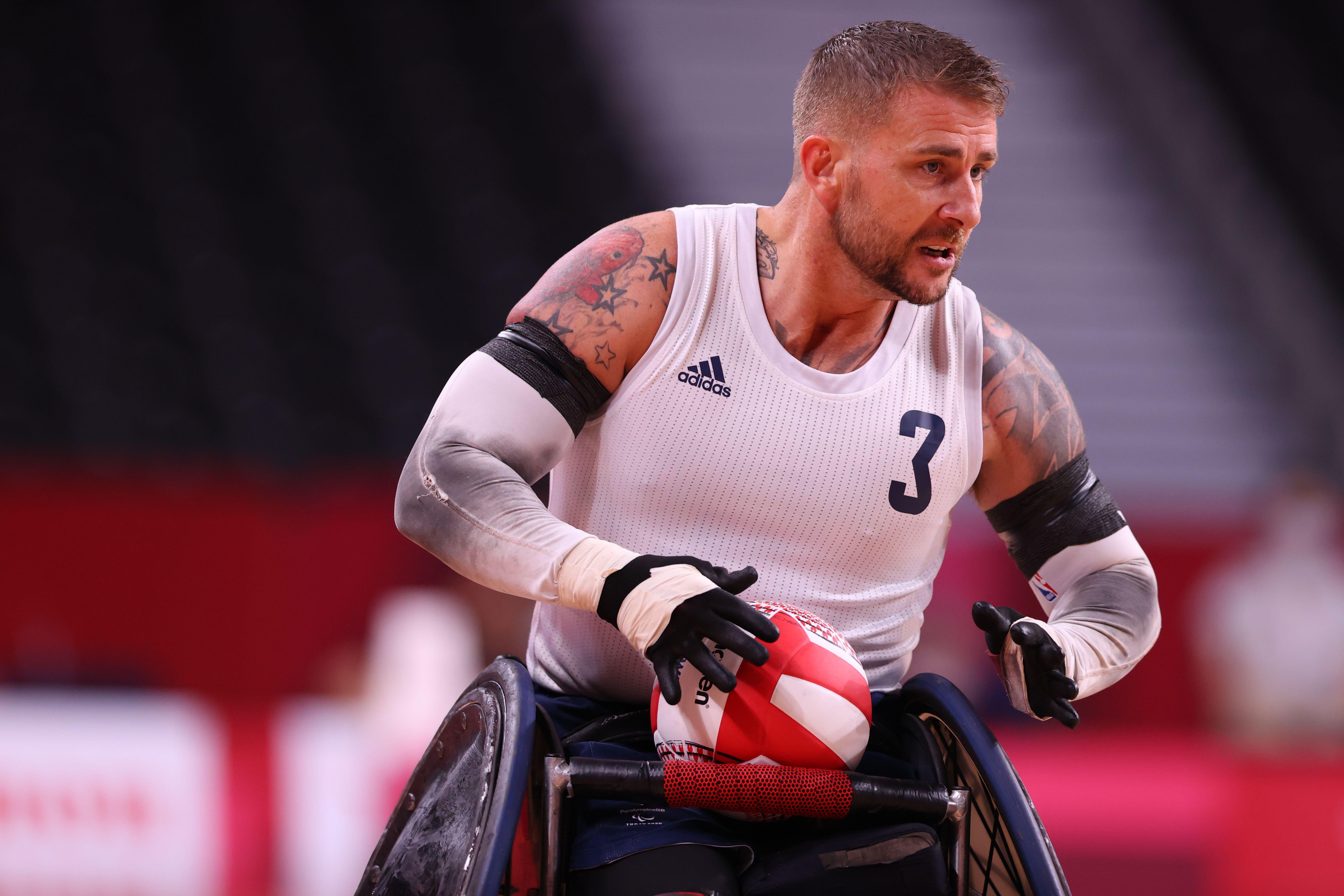 Stuart Robinson playing wheelchair rugby for Great Britain against Canada at the Tokyo 2020 Paralympic Games at the Yoyogi National Gymnasium in Tokyo, Japan