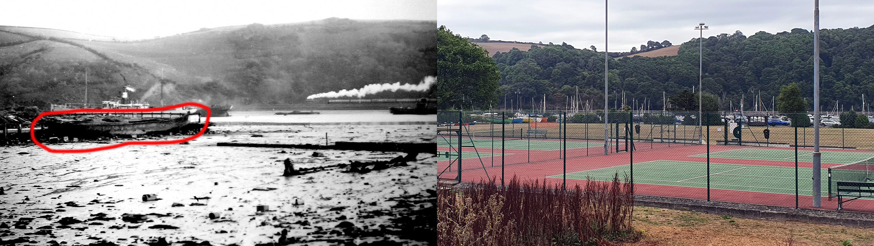 Submarine E52 on the mudflats and the exact same spot in Coronation Park today (Picture left to right: Dartmouth Museum and Royal Navy).
