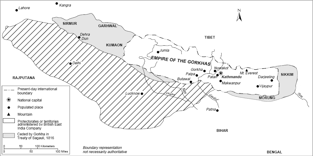 A map of Nepal following the Anglo-Nepalese War, also showing its territory before the conflict