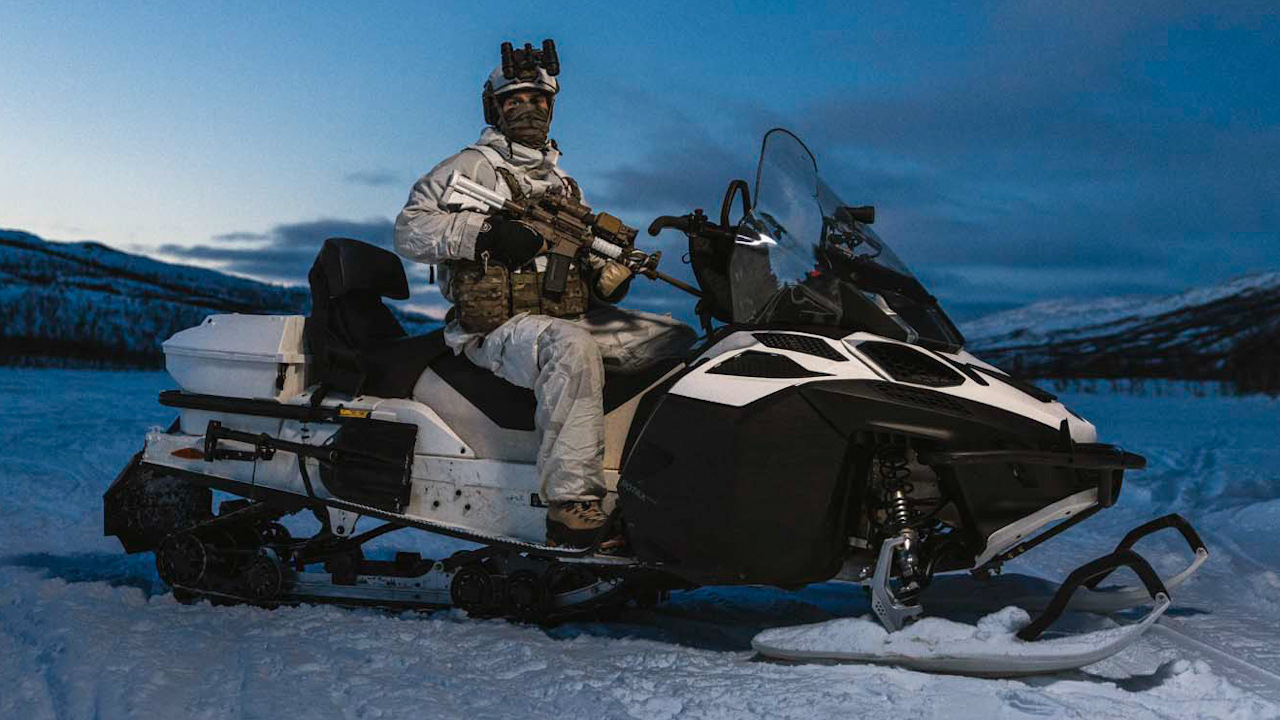 Surveillance and Reconnaissance Squadron Commando in the High North of Norway on the Oversnow Reconnaissance Vehicle (Picture: Royal Navy).