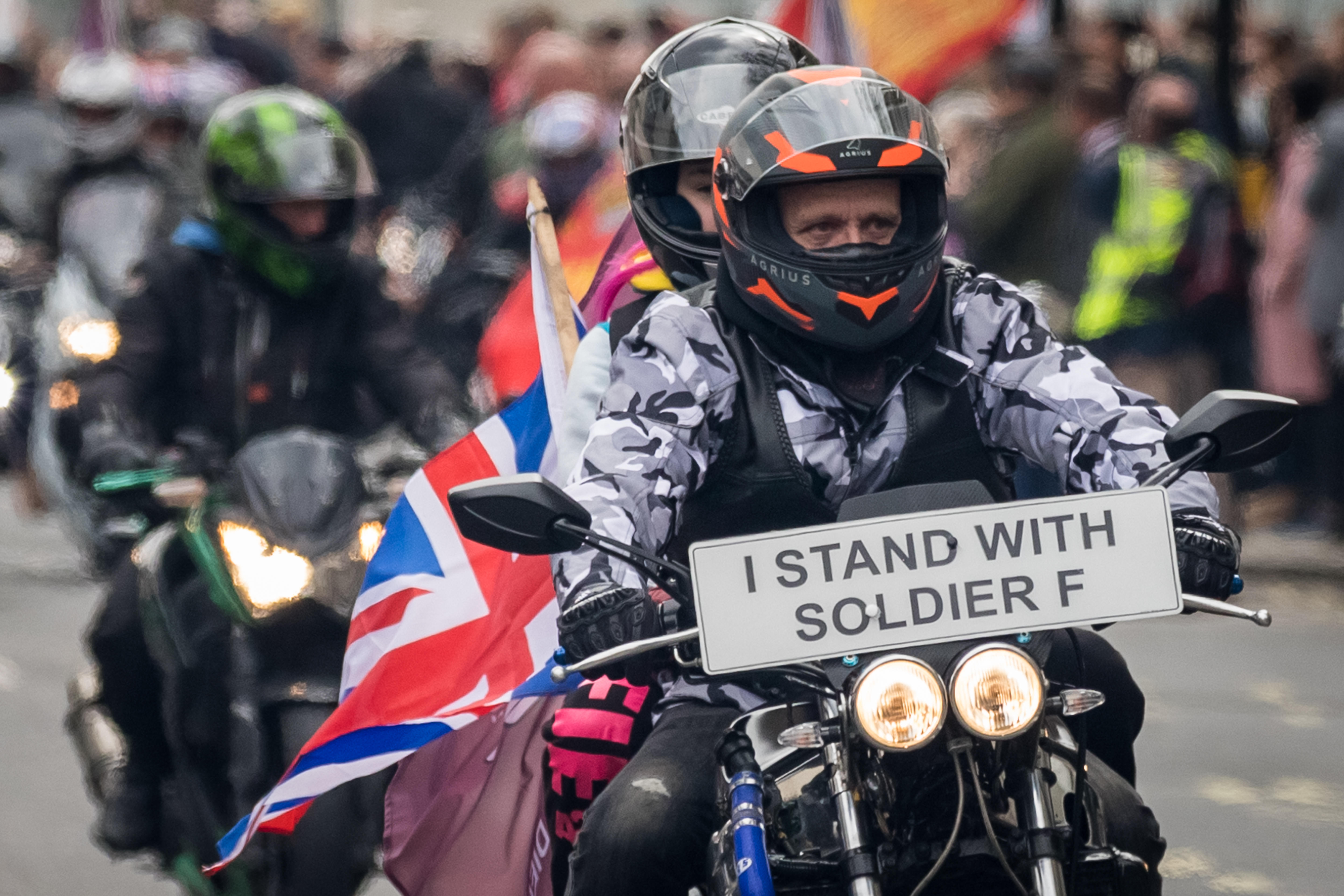 2th April 2019. Rolling Thunder biker protest in Westminster. Thousands of bikers including army veterans and current members of serving forces ride through the city as part of a mass awareness protest to free “Soldier F”, who is currently facing charges from the Bloody Sunday shootings in Londonderry, Northern Ireland in 1972.