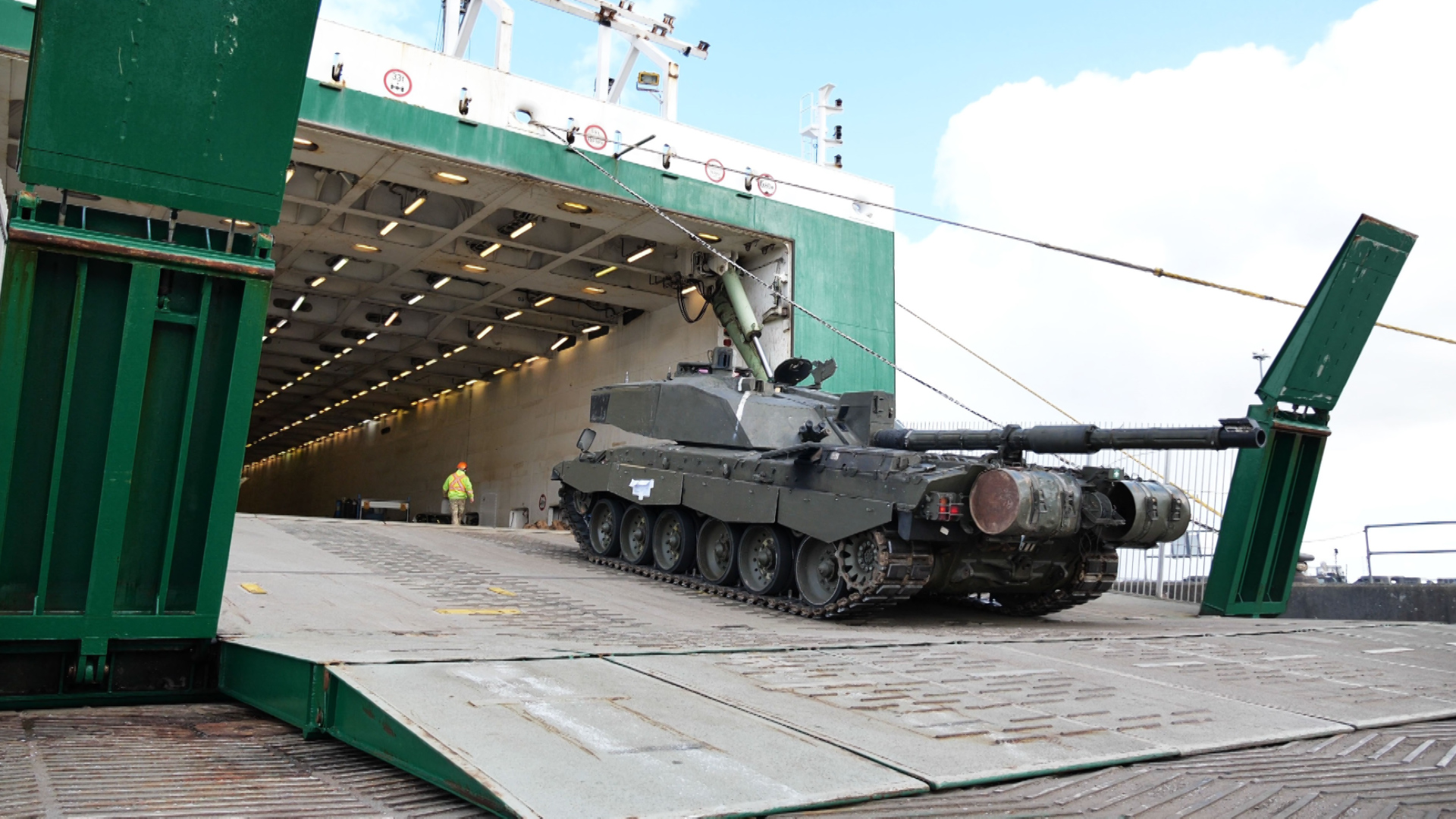 Also on board are British army vehicles including Challenger 2 main battle tanks destined for the British Army Battlegroup (Picture: RAF).