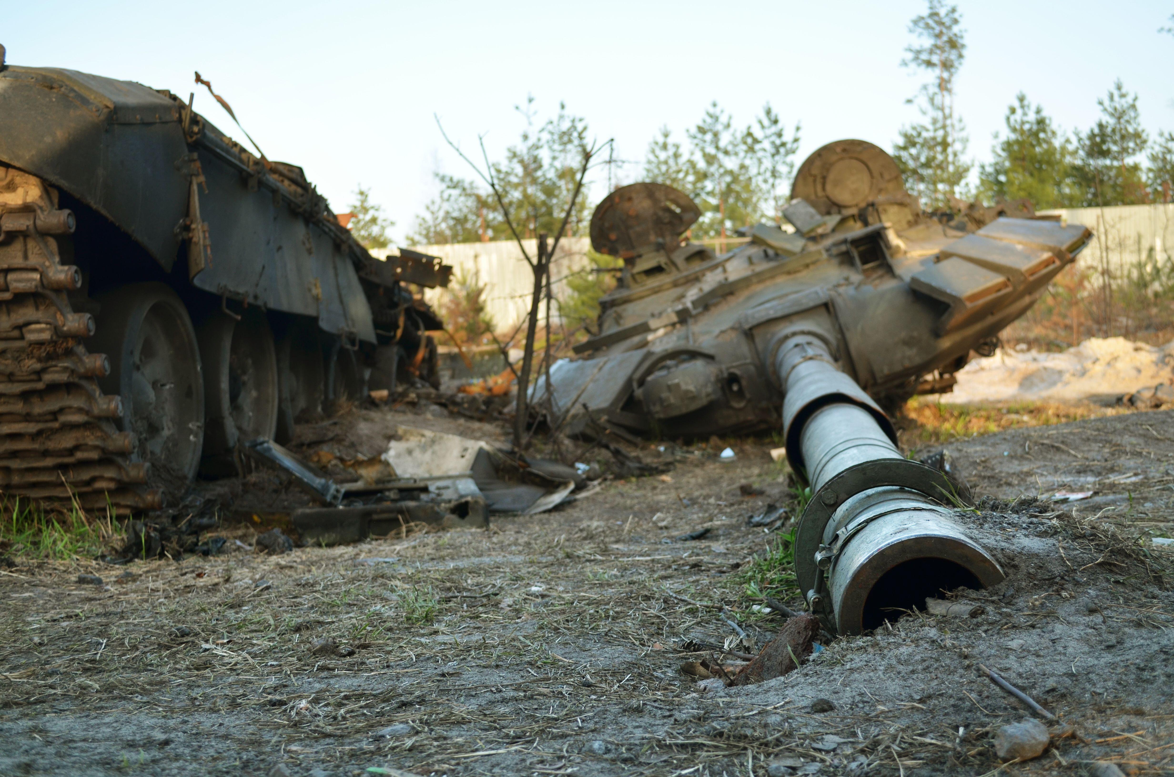 Tank turret of destroyed military equipment of the Russian army following the Ukrainian forces counter-attacks in Dmytivka 