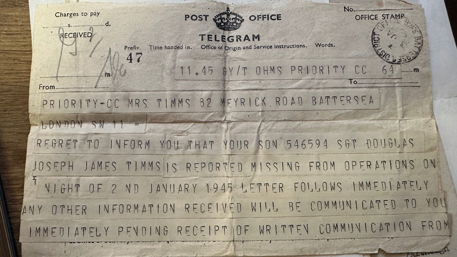 Telegram to Mrs Timms to inform her that her son Sgt Timms was missing in action during WW2 CREDIT Charterhouse Auctioneers & Valuers