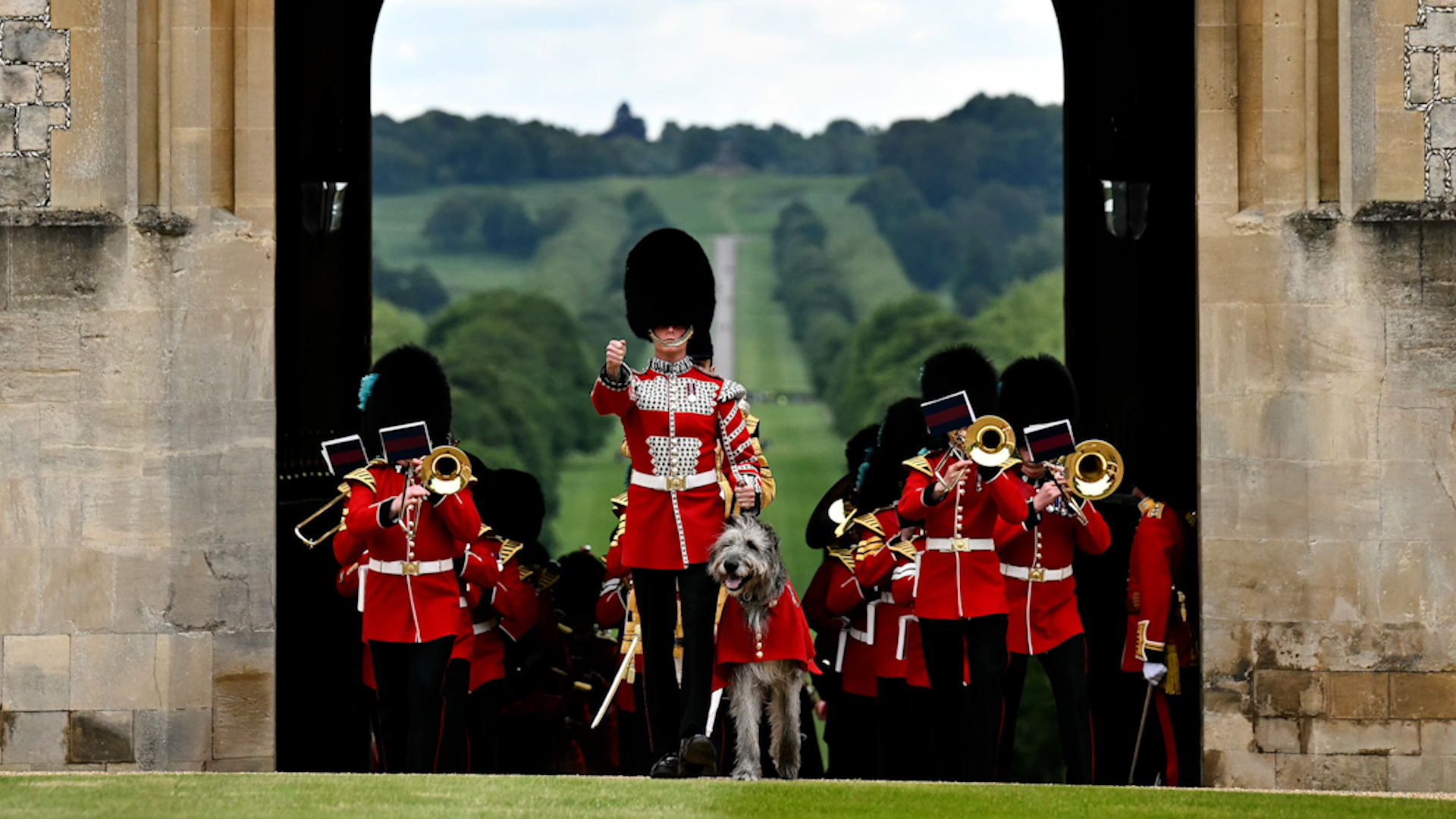 The Band of the Irish Guards, led by the Irish Guards Regimental Mascot, an Irish wolfhound named Seamus Turlough Mor 10062024 NO REUSE CREDIT PA WIRE, PA IMAGES