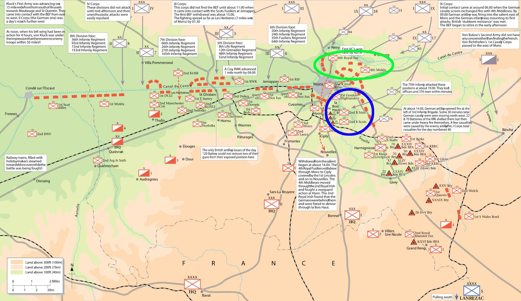 The Battle of Mons 23 August 1914 with circles