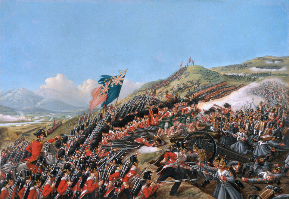 Painting depicting members of British Army Coldstream Guards attacking Russian soldiers during the Battle of Alma in 1854