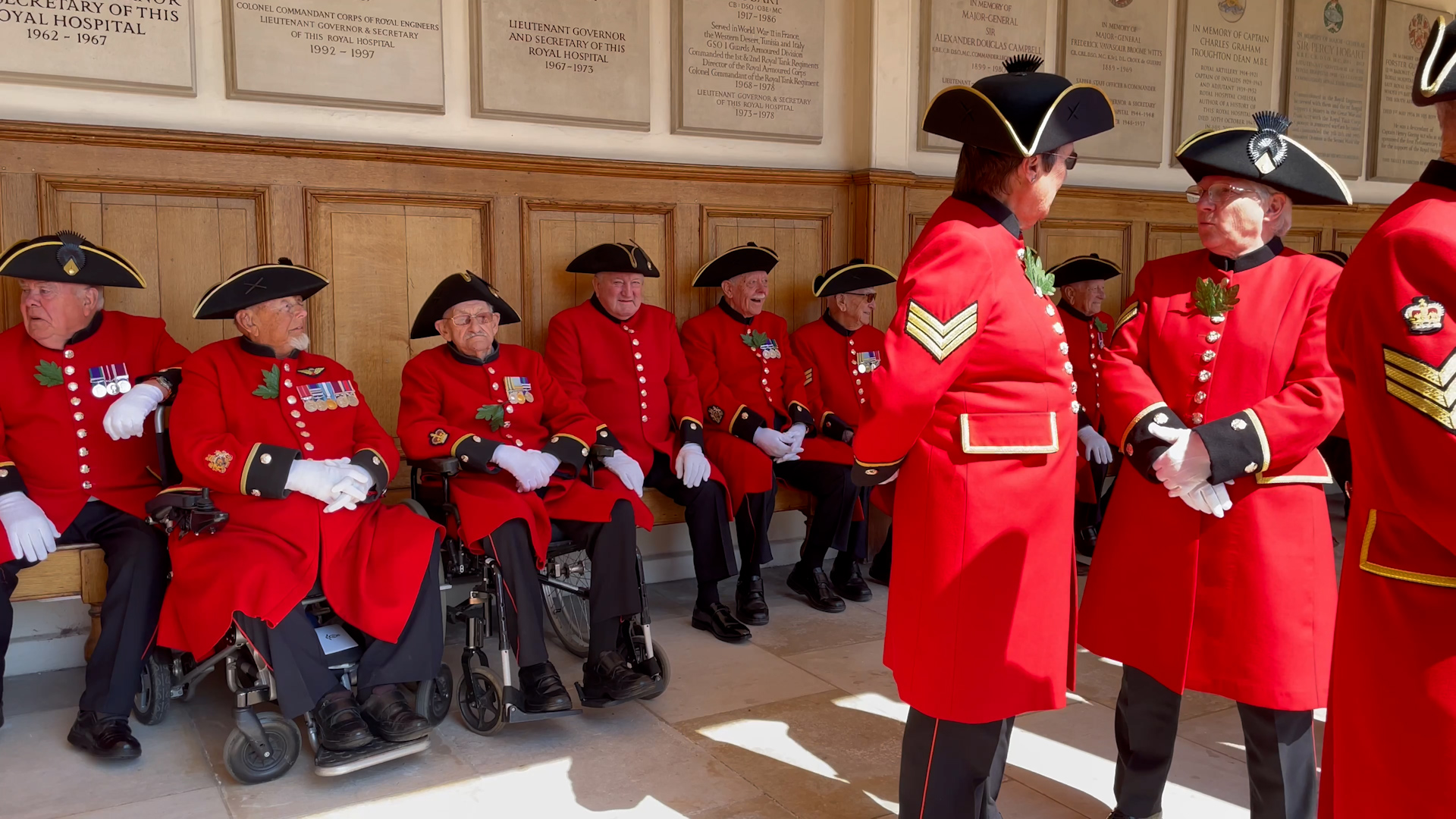 The Chelsea Pensioners in their scarlet uniforms and tricorne hats ahead of the Founder's Day parade 08062023 CREDIT BFBS