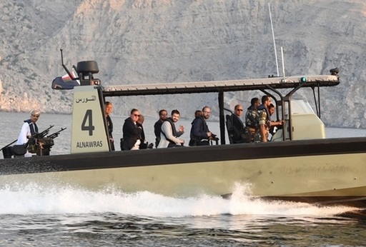 The Duke of Cambridge (seated front) on the water in a Royal Navy of Oman (RNO) vessel during a visit to the Ras Musandam Naval Base (Picture: PA).