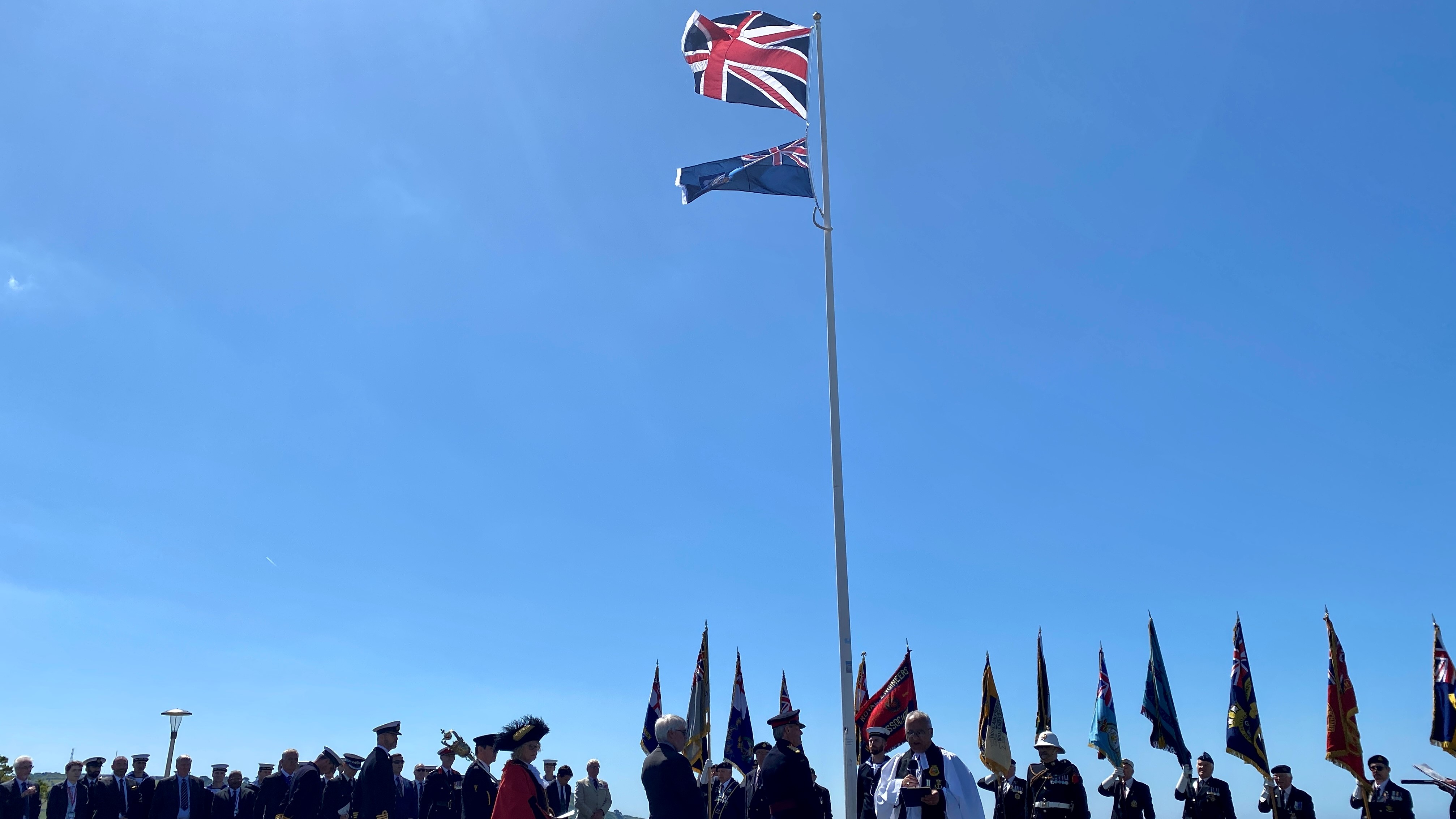 The Falklands flag and the union flag raised in the city to honour the courage and commitment of those who served 14062022 CREDIT BFBS.j