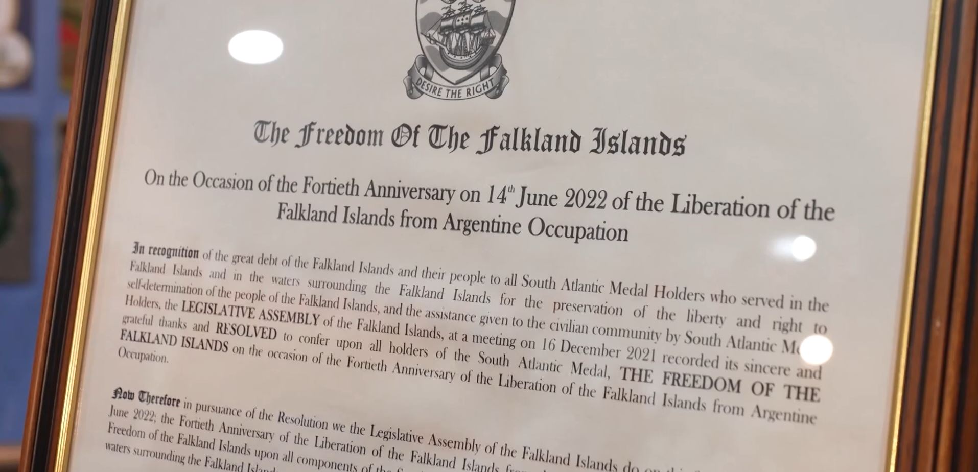 The Freedom Of The Falkland Islands framed certificate CREDIT BFBS