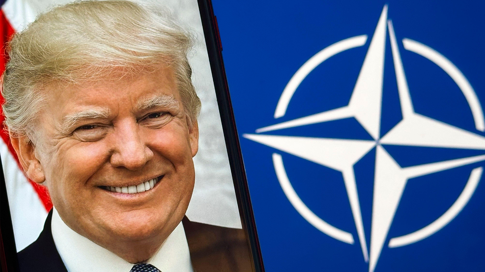 The Nato compass rose flag in the background with the official White House presidential portrait of Donald Trump Image ID 2XH4095 CREDIT ALAMY.png