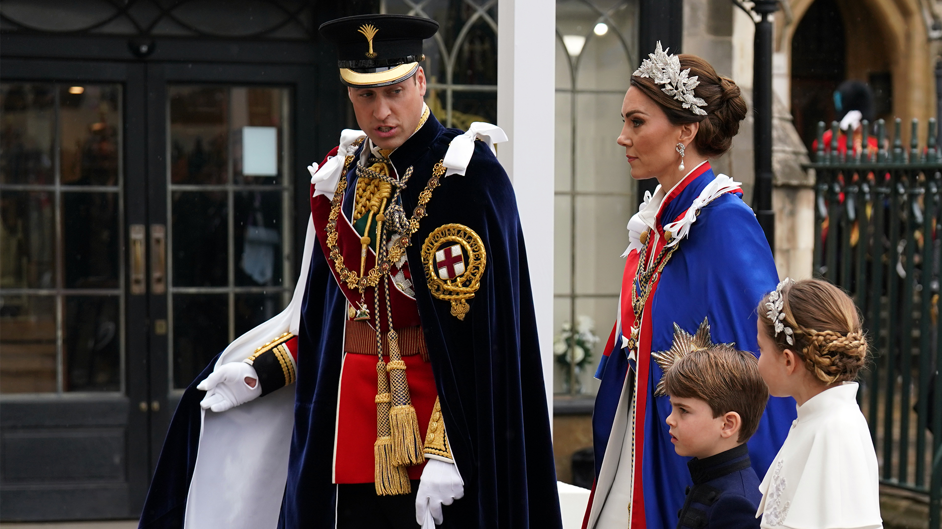 The Prince and Princess of Wales with Princess Charlotte and Prince Louis arriving at Westminster Abbey, central London, ahead of the coronation ceremony of King Charles III and Queen Camilla CREDIT PA