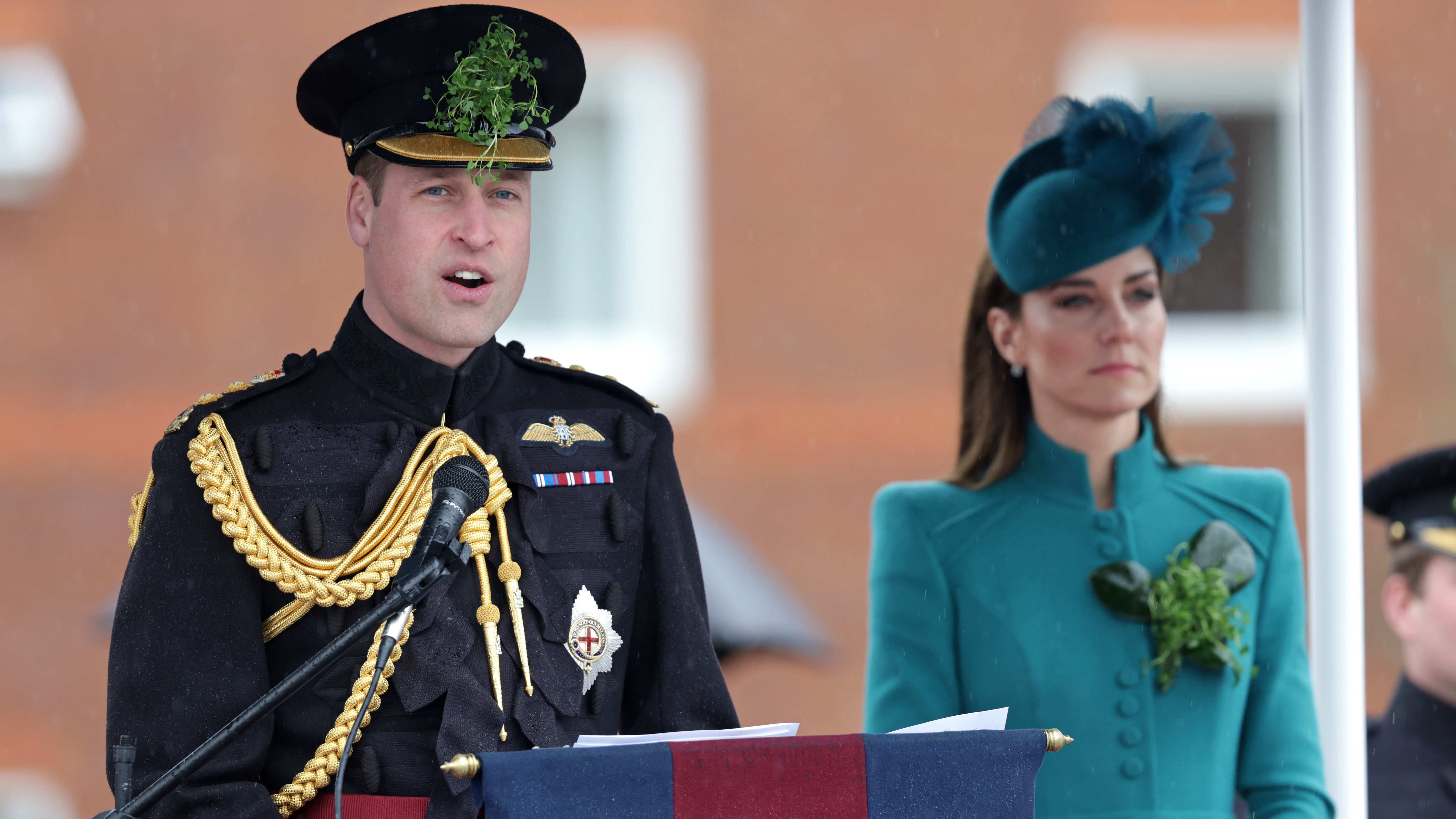 The Prince of Wales speaks on stage during a visit to the 1st Battalion Irish Guards for the St Patrick's Day Parade 17032023 NO REUSE CREDIT PA WIRE, PA IMAGES