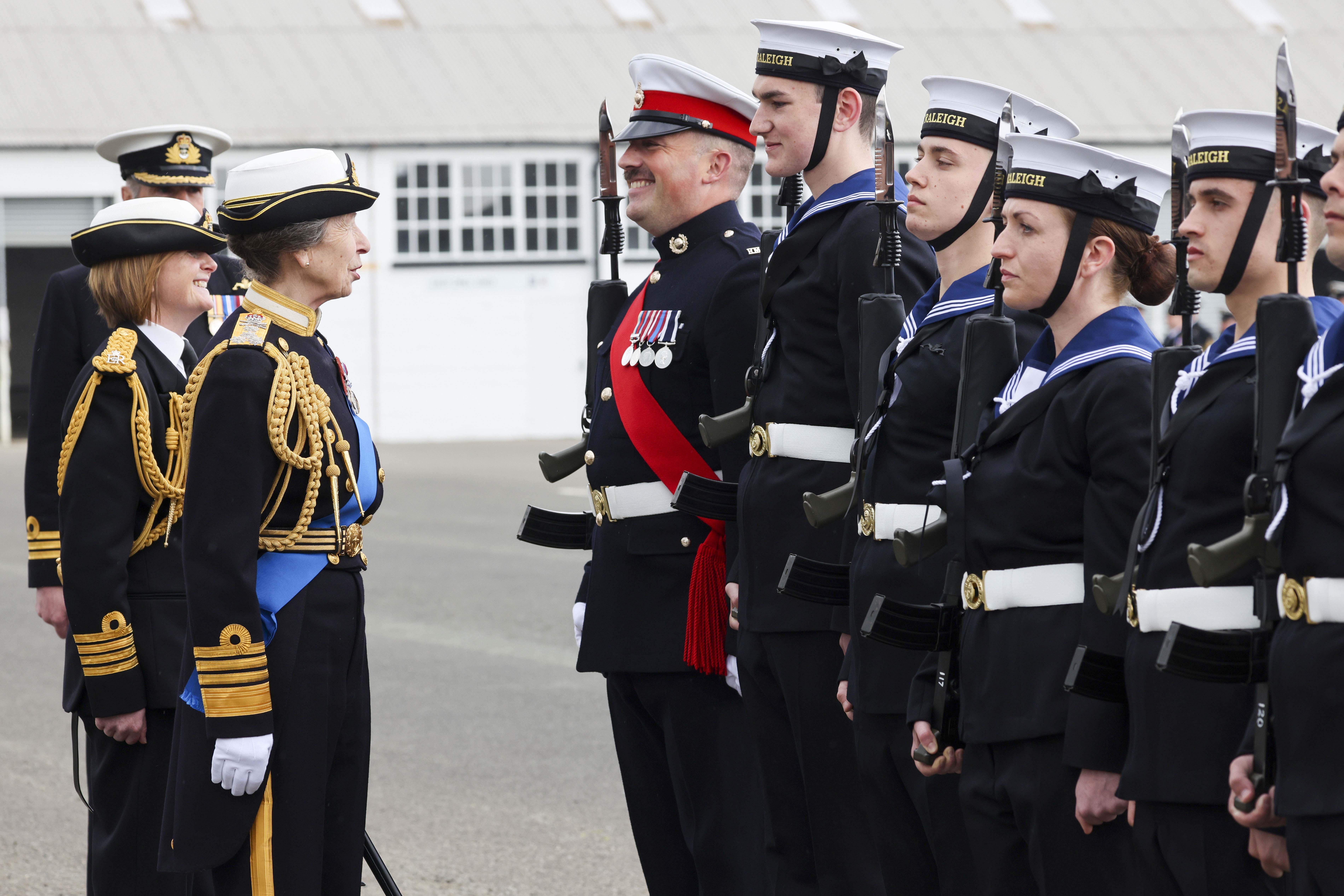 The Princess Royal inspects the passing out parade at HMS Raleigh (Picture: Royal Navy).
