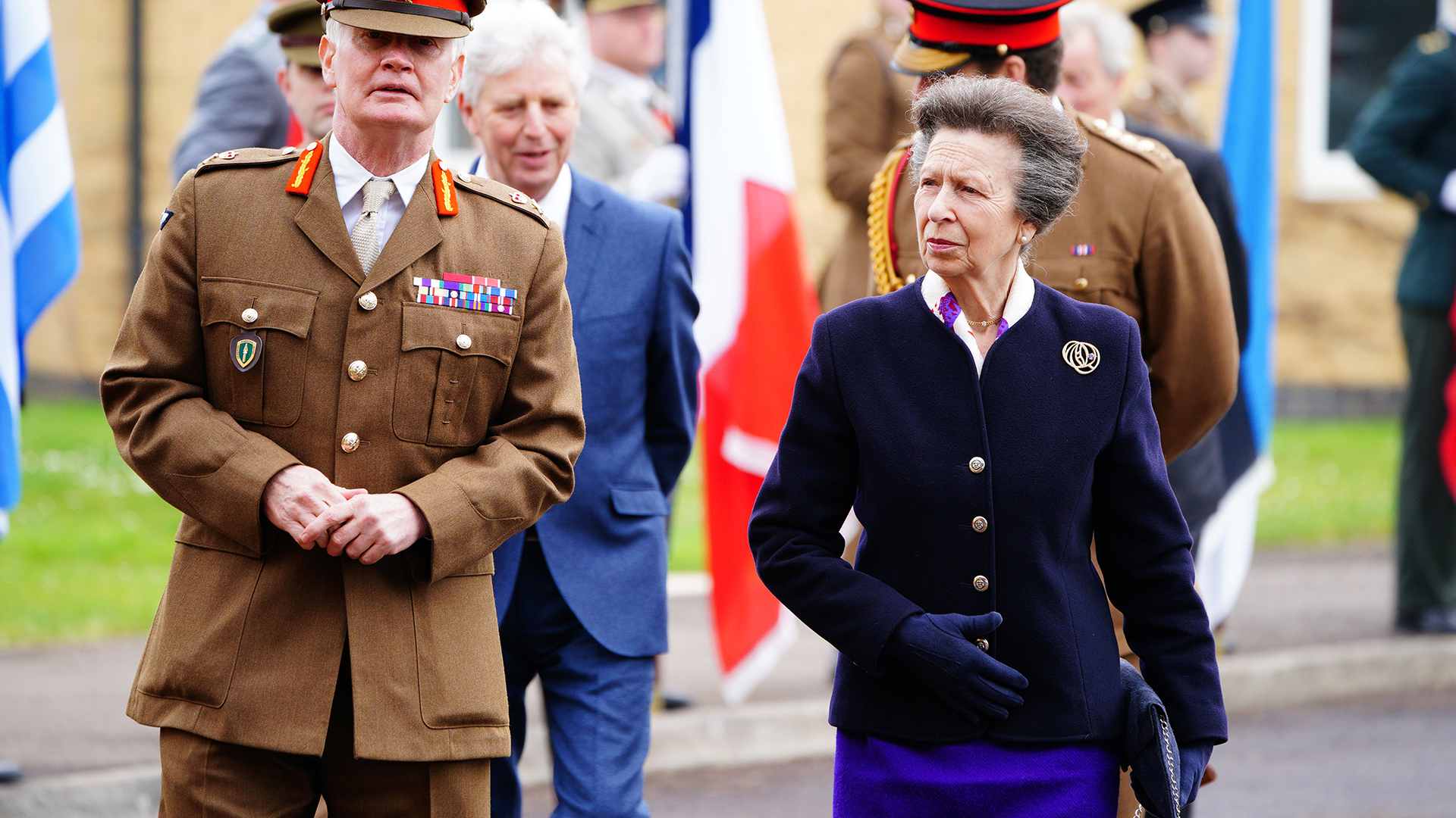 The Princess Royal with Commander ARRC Lieutenant General Sir Ralph Wooddisse during her visit to the headquarters of the Allied Rapid Reaction Corps at Imjin Barracks 220324 CREDIT PA