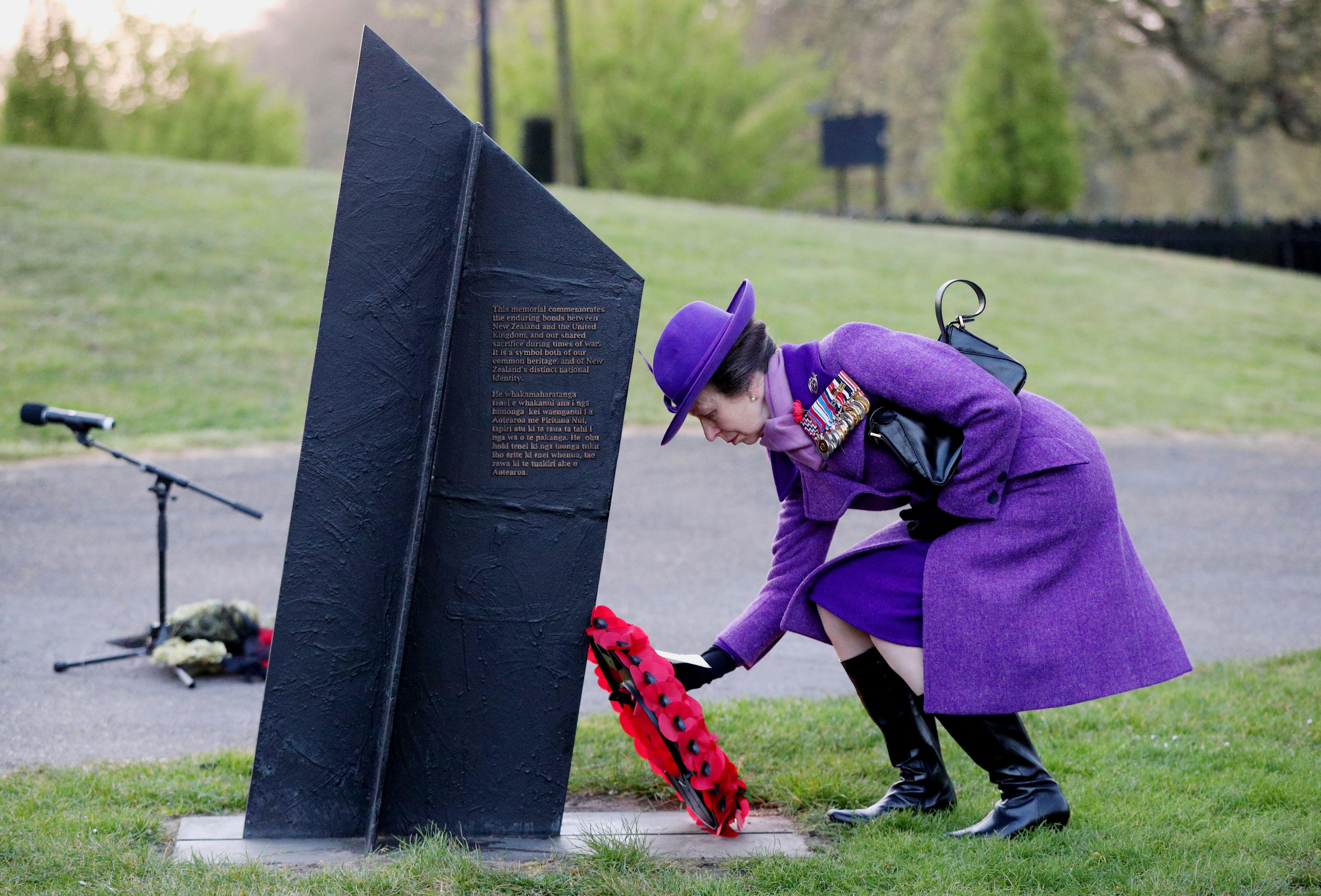 The Princess Royal, Princess Anne, lays a wreath during a Dawn Service at the New Zealand war memorial, Wellington Arch, London, to commemorate Anzac Day