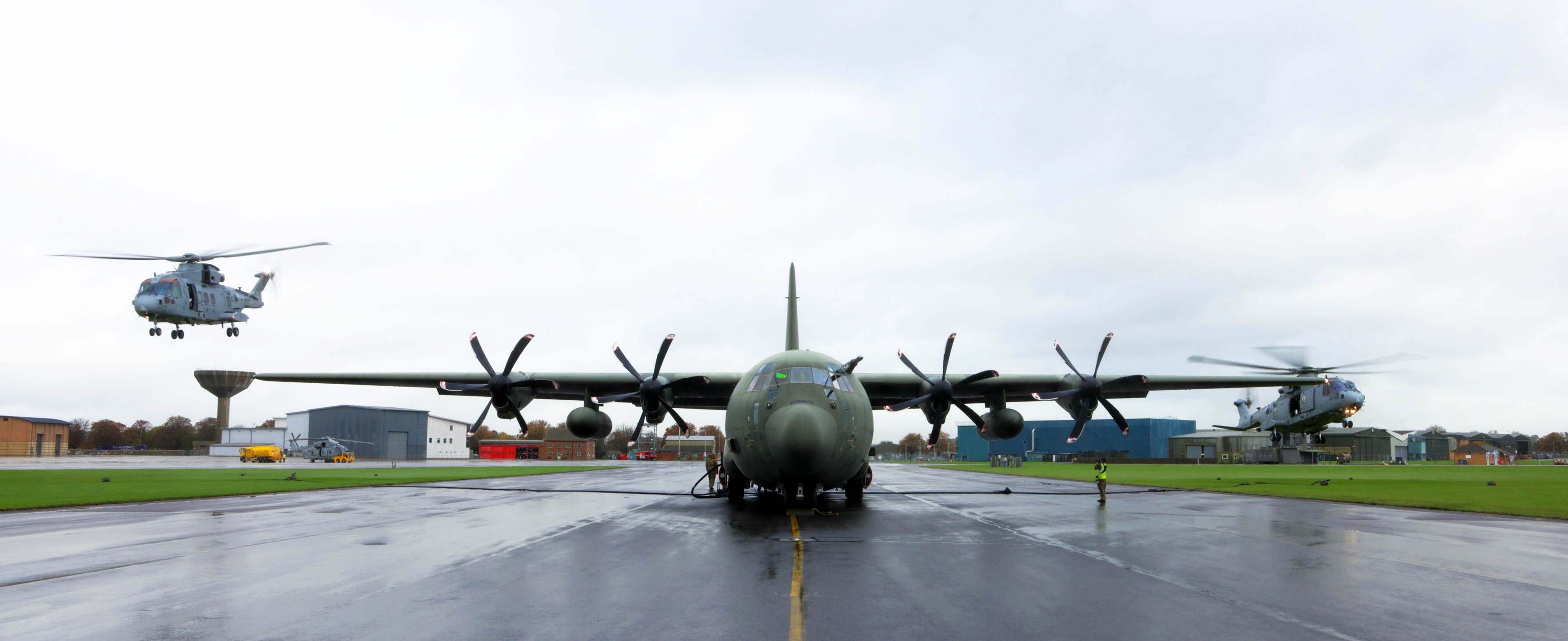 The RAF joined forces with the wings of the Royal Marines on a rainy day in RNAS Yeovilton CREDIT Royal Navy