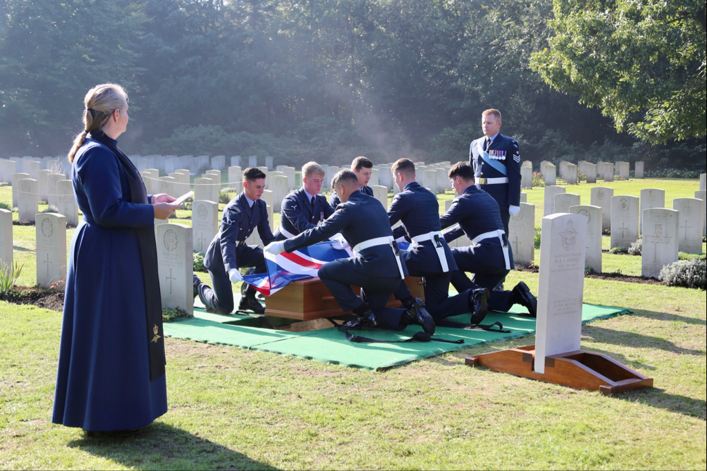 The RAF’s Queen’s Colour Squadron (QCS) remove the Union Flag from Flt Sgt Hurrell’s coffin before laying him to rest (Picture: copyright J.A.M.Y. (Jacqueline) Spijkerman, Senior Communications Advisor, Netherlands Ministry of Defence).