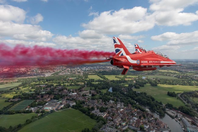 The Red Arrows about to conduct a flypast of Windsor Castle on the occasion of Her Majesty the Queen’s Birthday
