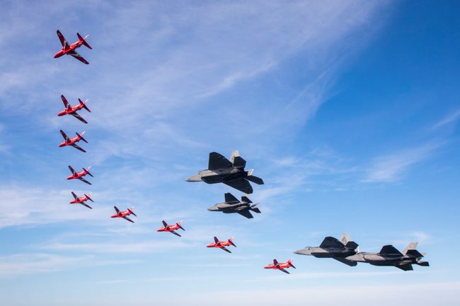 The Royal Air Force Aerobatic Team fly with the US Air Force Thunderbirds in New York (Picture: RAF).