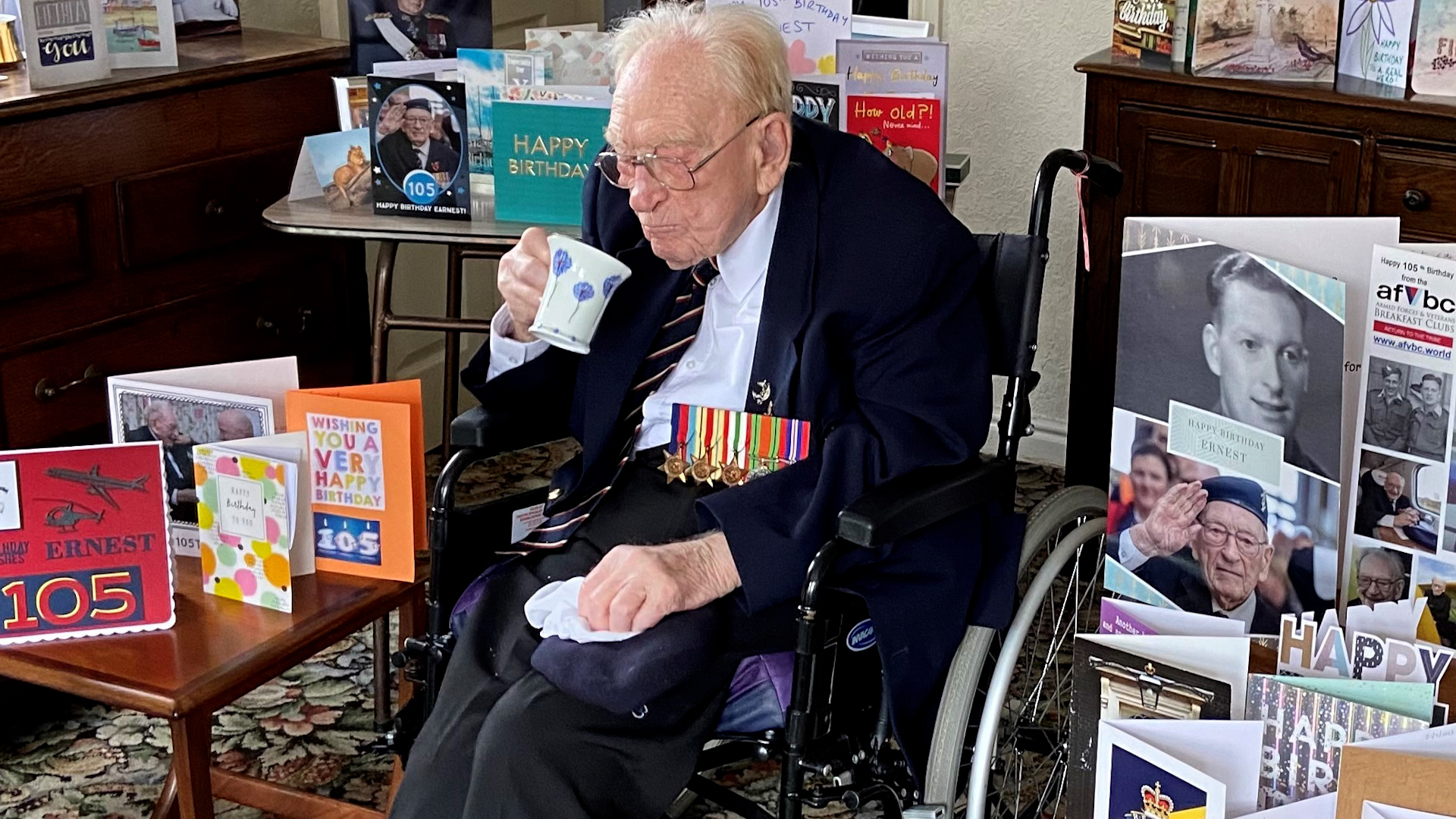 Retired Staff Sergeant Ernest Horsfall turned 105 on 21 April and received over 4,000 birthday cards after an appeal was made by the Royal British Legion (Picture: Royal British Legion). 