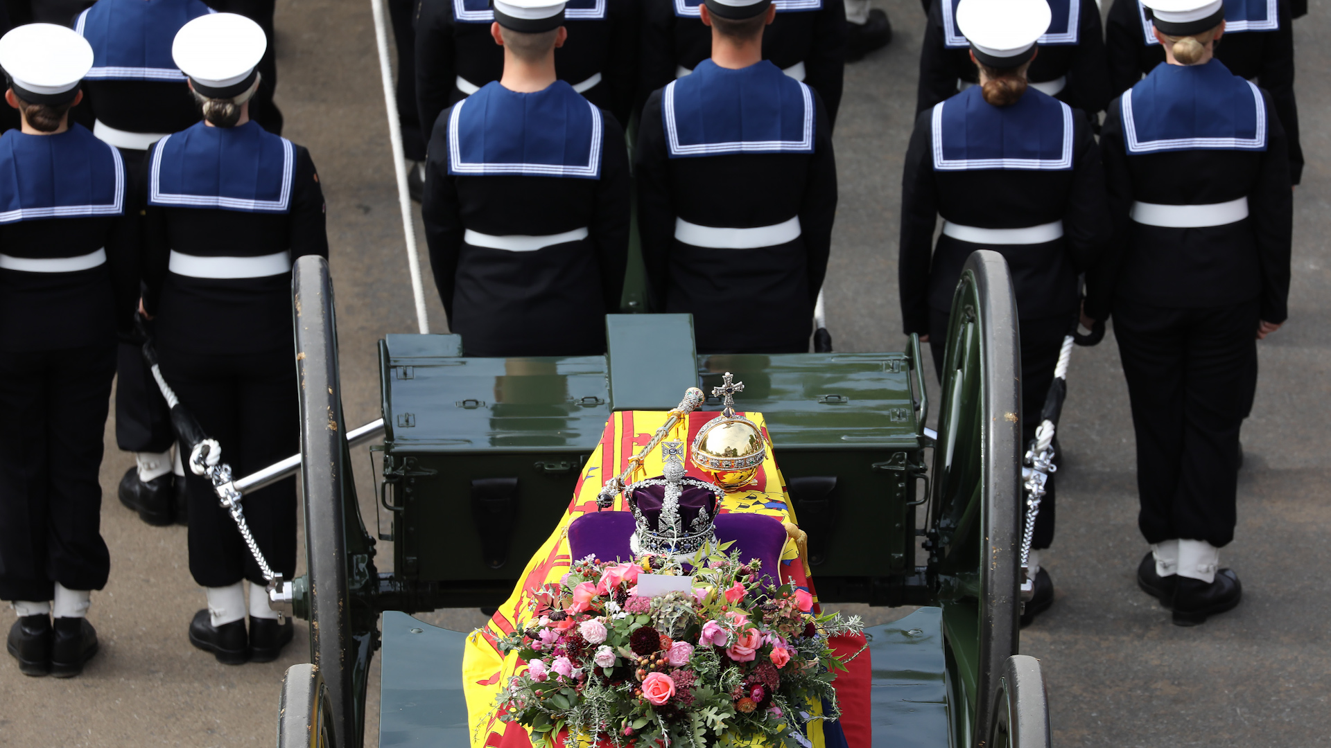 Royal Navy personnel pulling the Queen's coffin during the funeral procession