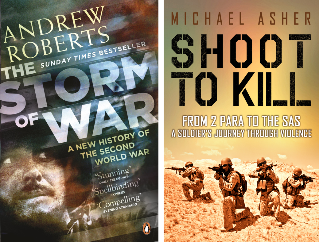 Book covers for The Storm of War and Shoot to Kill by Michael Asher