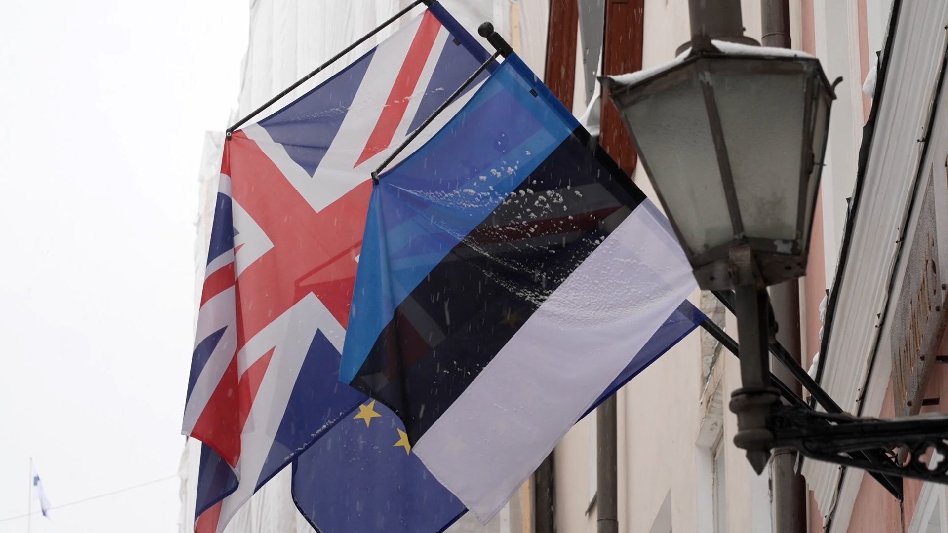 The Union Jack, EU flag and Estonian flag alongside each other in Tallinn, the capital city of Estonia 160222 CREDIT BFBS.jpg