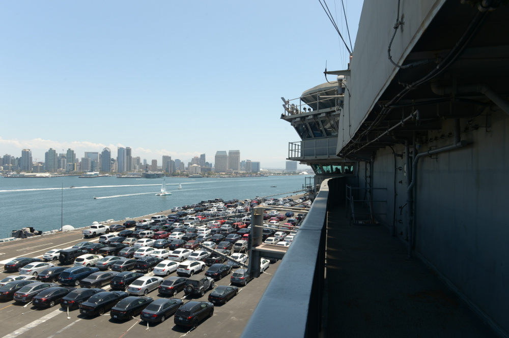The aircraft carrier USS Theodore Roosevelt (CVN 71) departs San Diego Bay