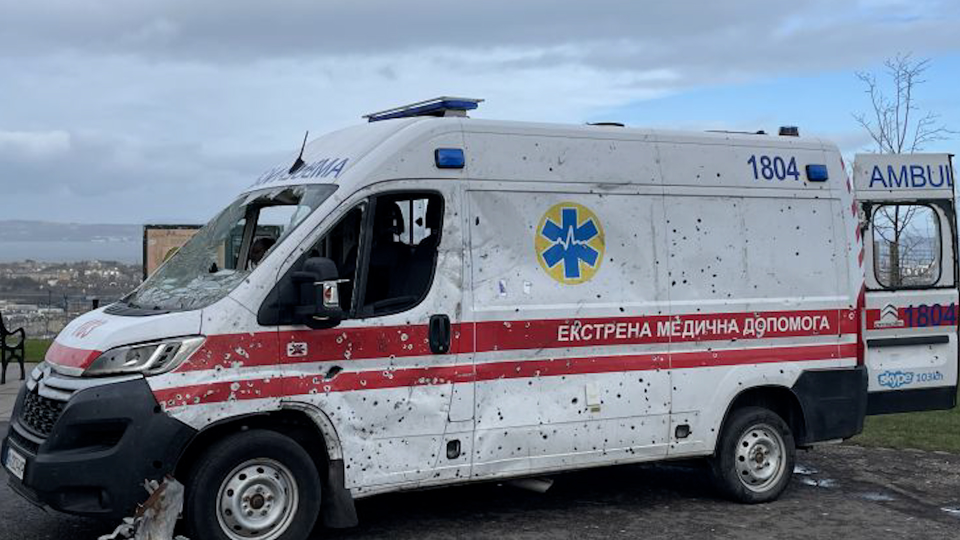 The battle-damaged ambulance bombed in Ukraine touring the UK 20022024 CREDIT BFBS