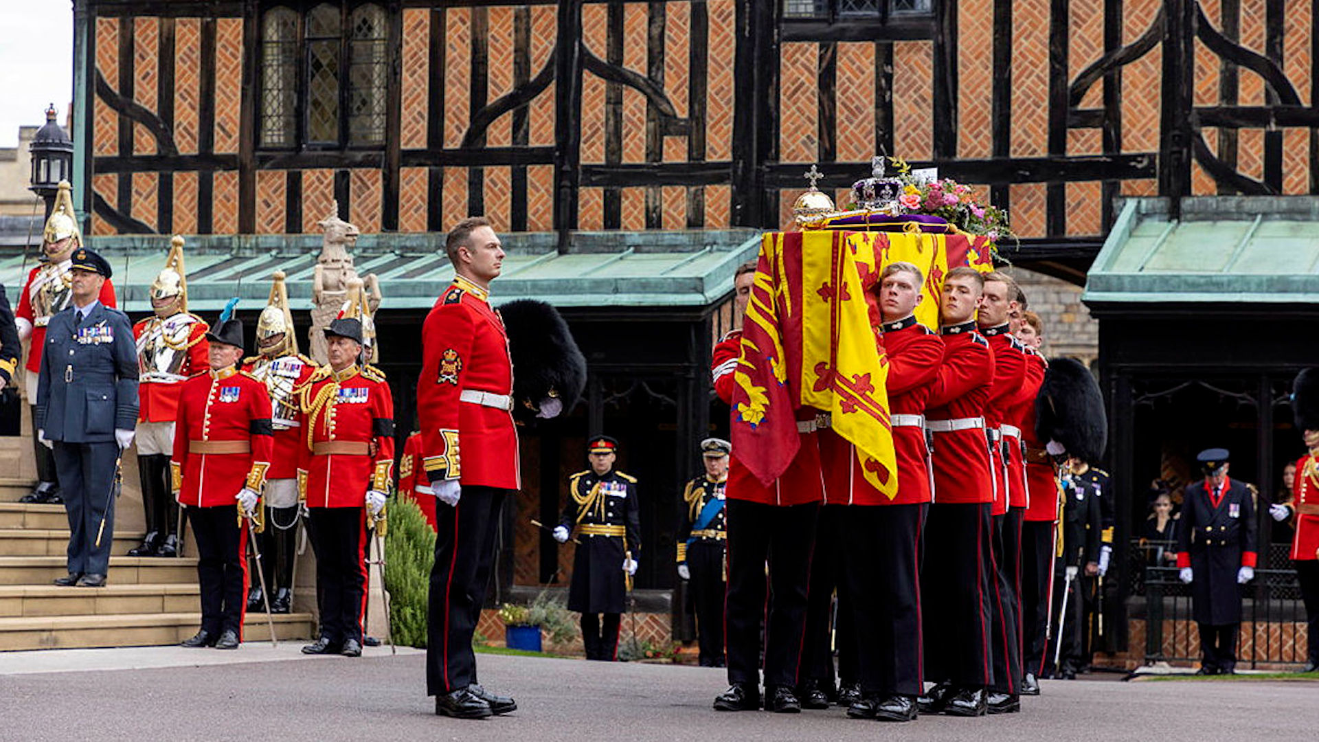 	The coffin of Her Majesty Queen Elizabeth II, is seen here entering St George VI Chapel at Windsor Castle