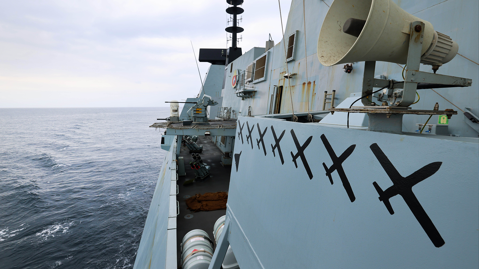 The drone silhouettes are painted onto the bridge wing of HMS Diamond and account for each Houthi drone the ships has successfully neutralised 300124 CREDIT LPhot Chris Sellars ROYAL NAVY