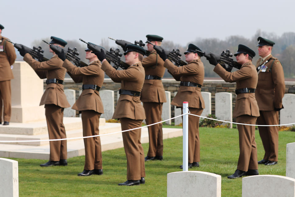 The firing party from 1 RIFLES fire a salute to Private Burt 150419 CREDIT Crown Copyright.jpg