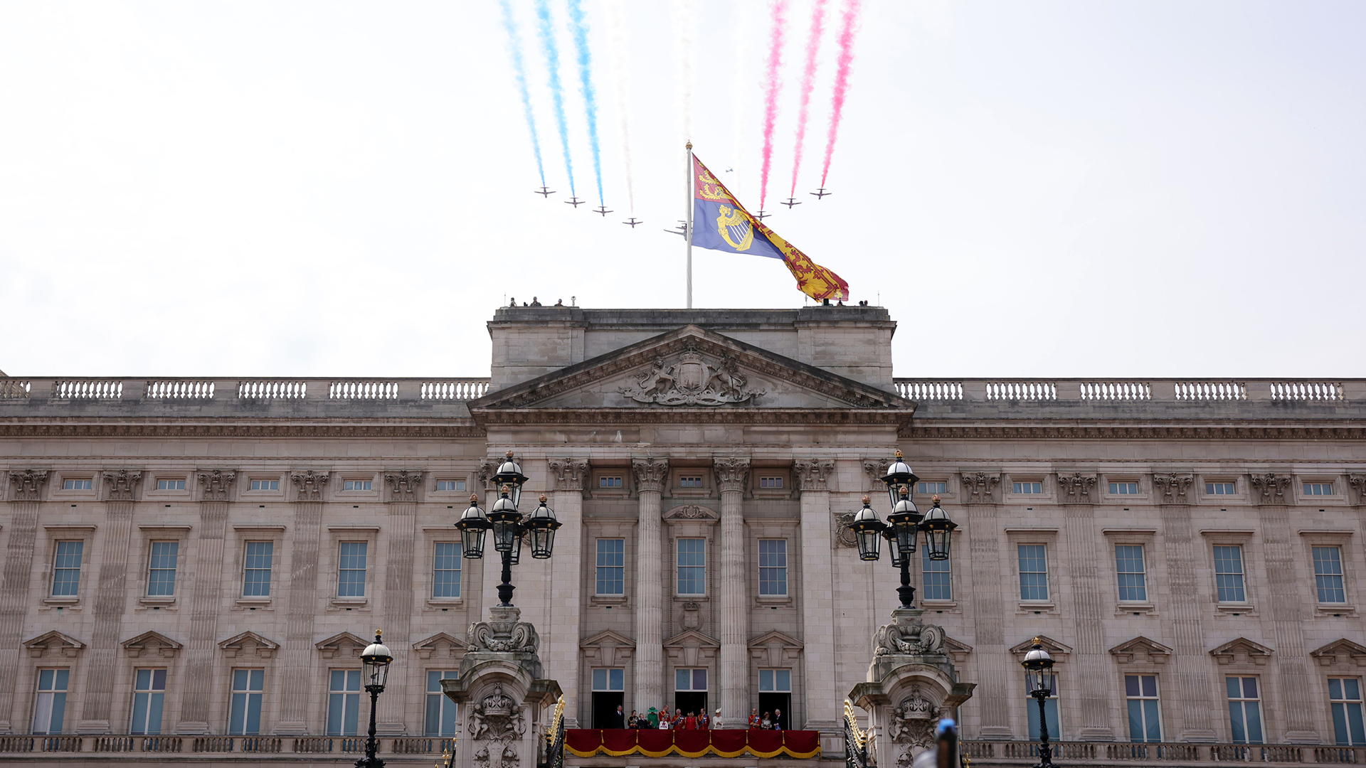 The Red Arrows will also finish the flypast with their trademark red, white and blue smoke (Picture: RAF)