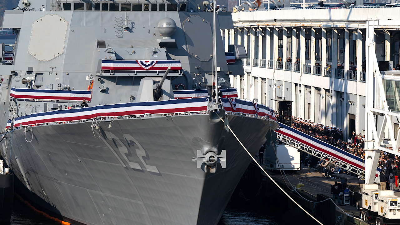 The new Arleigh Burke-class guided-missile destroyer was named after US Marine Corps World War Two hero John Basilone who won the Medal of Honour and the Navy Cross (Picture: US Navy)