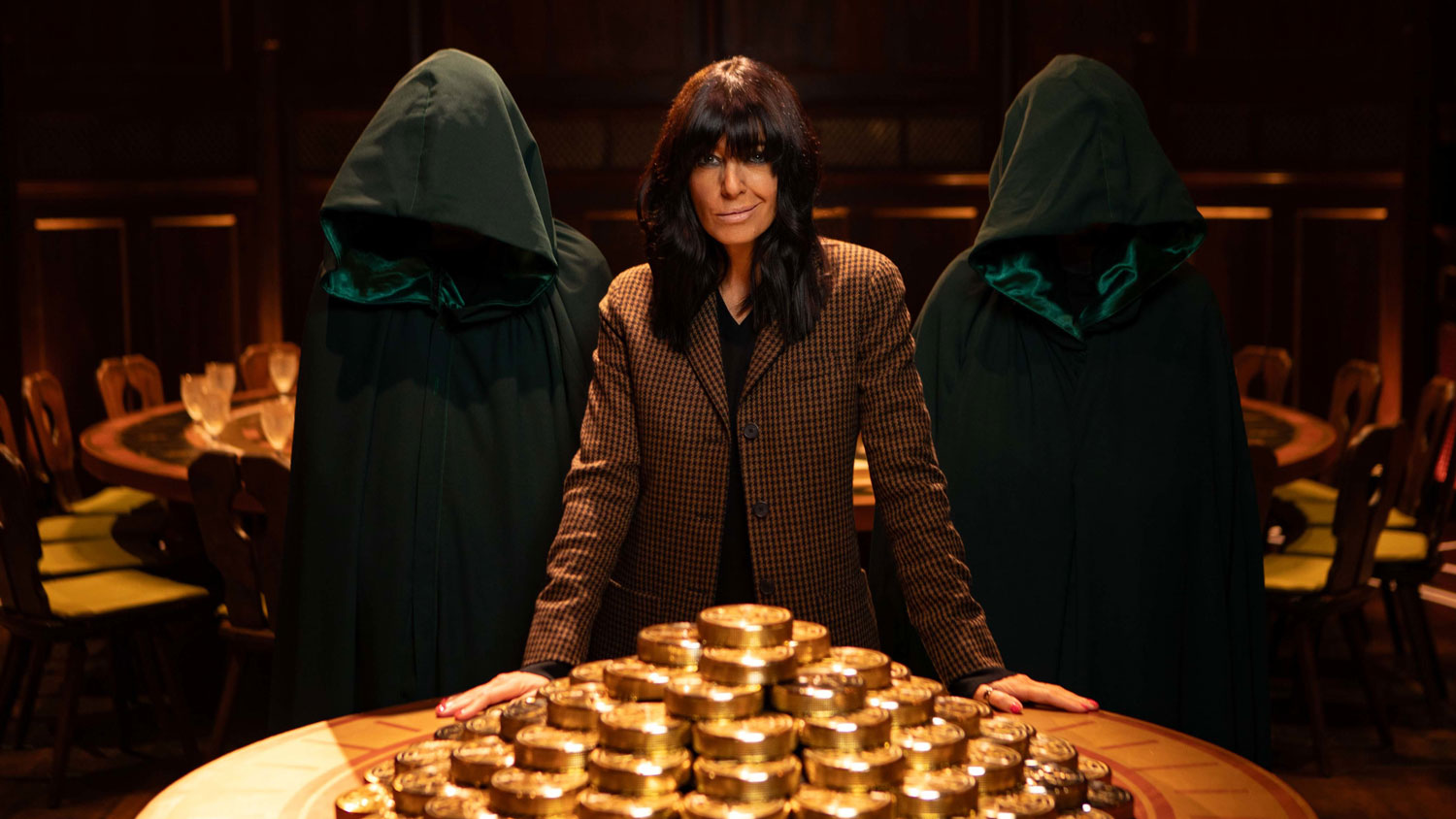 The Traitors II Claudia Winkleman poses with gold CREDIT BBC Studio Lambert Mark Mainz