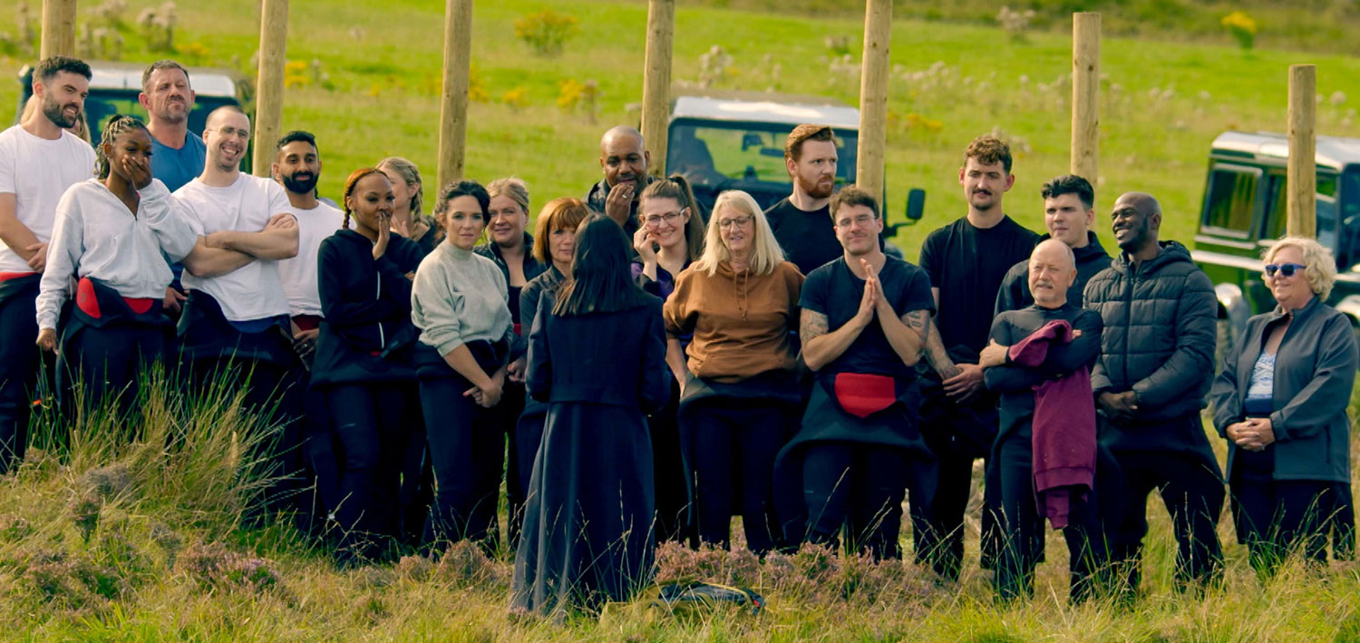 The Traitors II contestants inc British Army Engineer Harry and veteran Jonny plus presenter Claudia Winkleman 2 CREDIT BBC Studio Lambert Mark Mainz