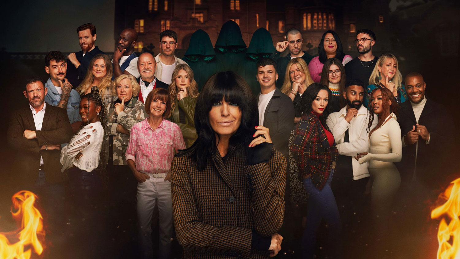 The Traitors II contestants inc British Army Engineer Harry and veteran Jonny plus presenter Claudia Winkleman CREDIT BBC Studio Lambert Mark Mainz