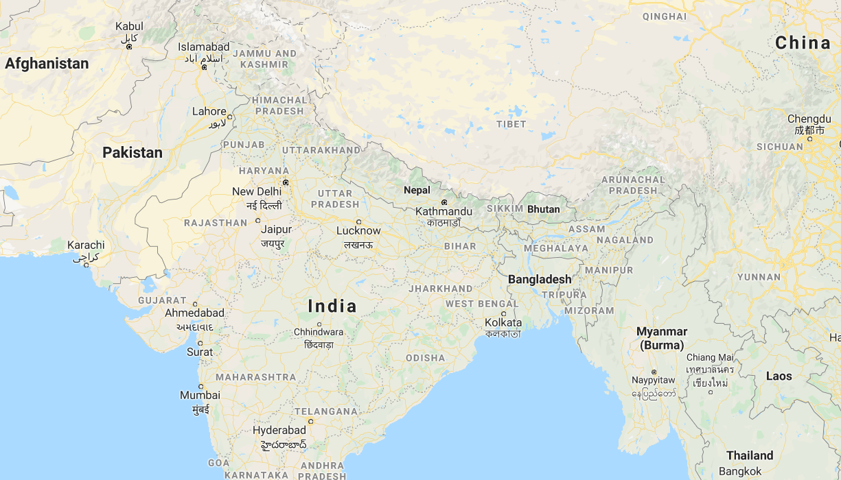 Tibet and India today map from Google