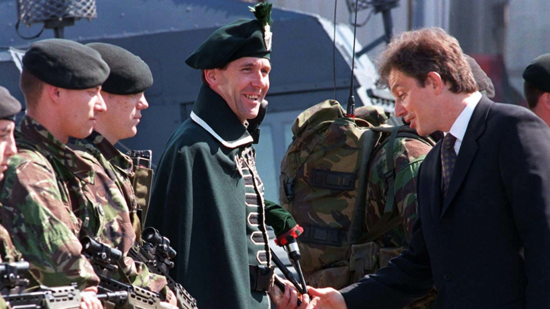 Tony Blair meets British soldiers and RUC officers at their base in Northern Ireland on his first Prime Ministerial visit to the province (Picture: PA images).