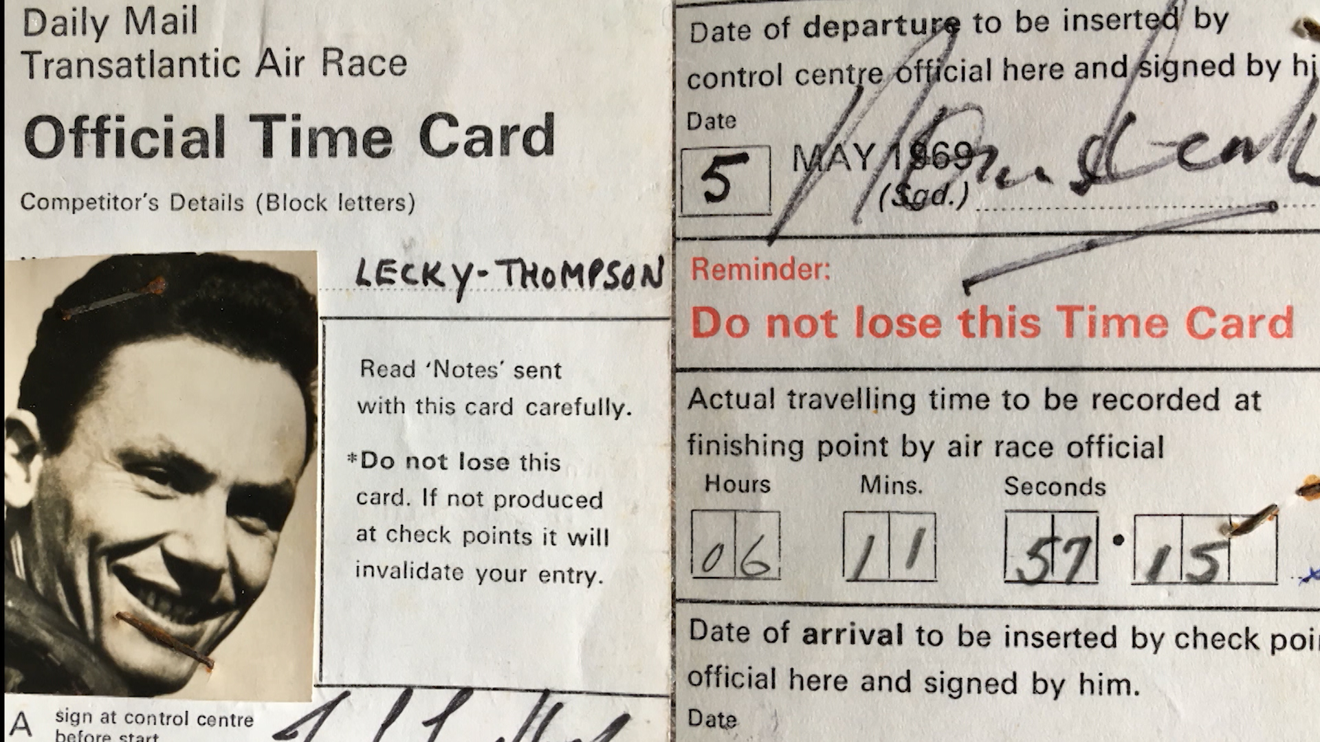 The official time card from the race.