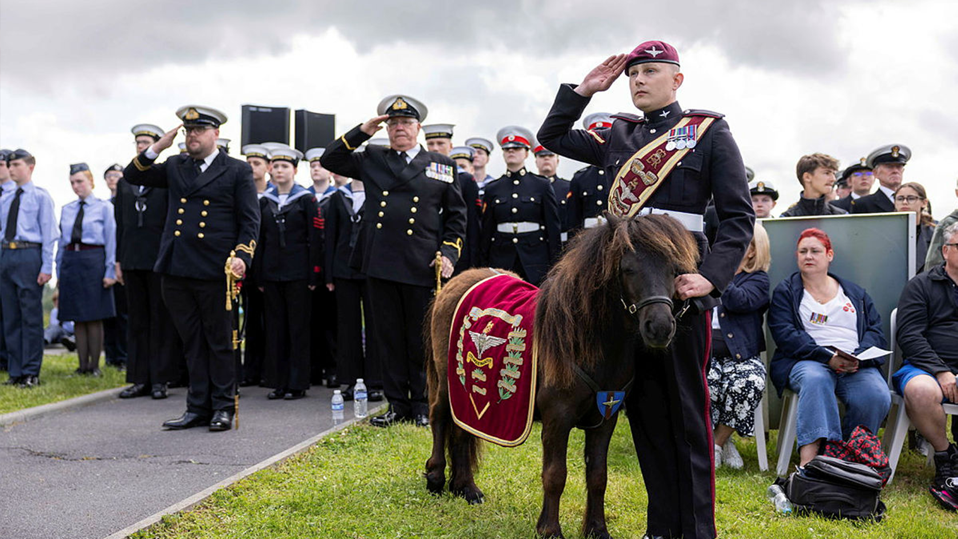 Tri-Service personnel and the Parachute Regiment pony mascot at the 6th Airborne Division Service of Remembrance at the Musee Memorial Pegasus CREDIT MOD 060624