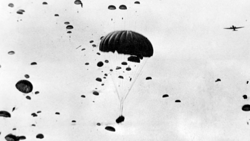 Troops parachute from the sky in Operation Market Garden