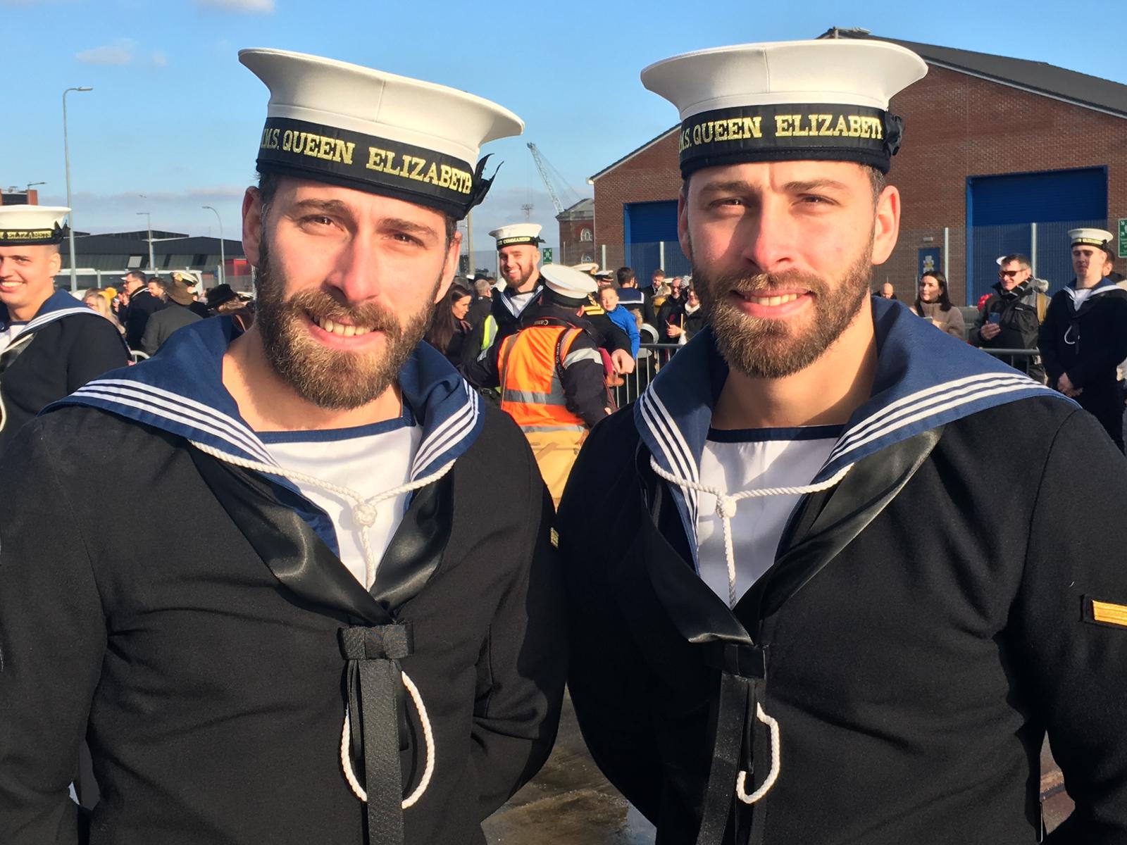 Twins Luke and Kurtis Williams after finishing deployment with HMS Queen ELizabeth 041219 CREDIT BFBS