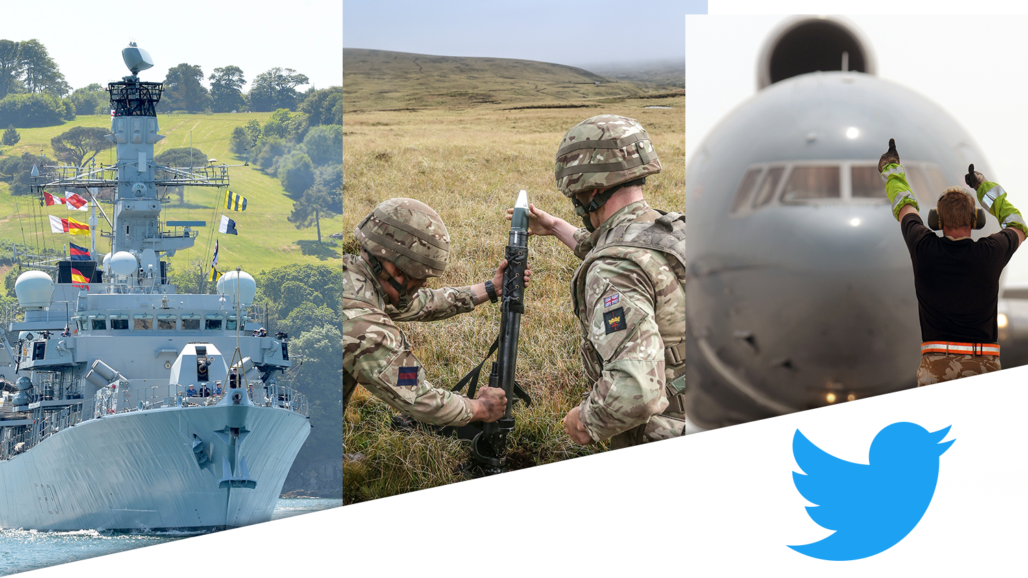 Collage of three Services featuring HMS Argyll, British Army soldiers shooting a mortar, and RAF groundcrew