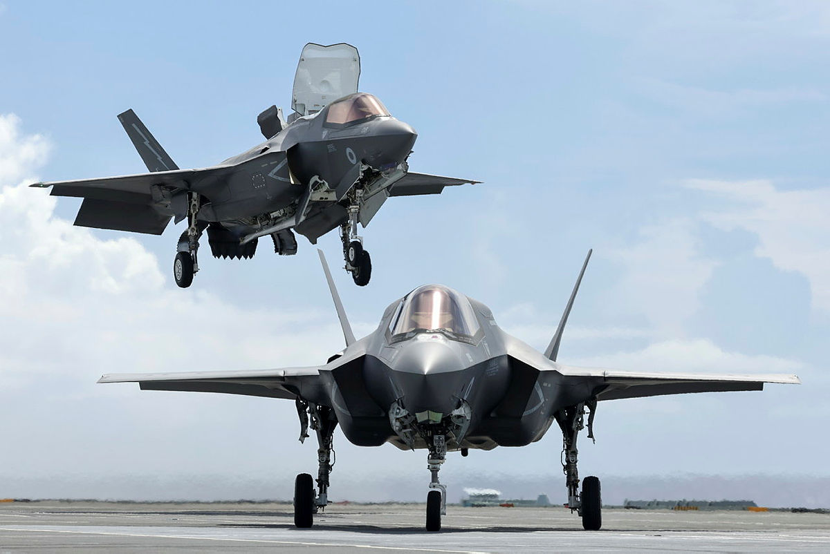 Two F-35Bs landing on the deck of HMS Queen Elizabeth