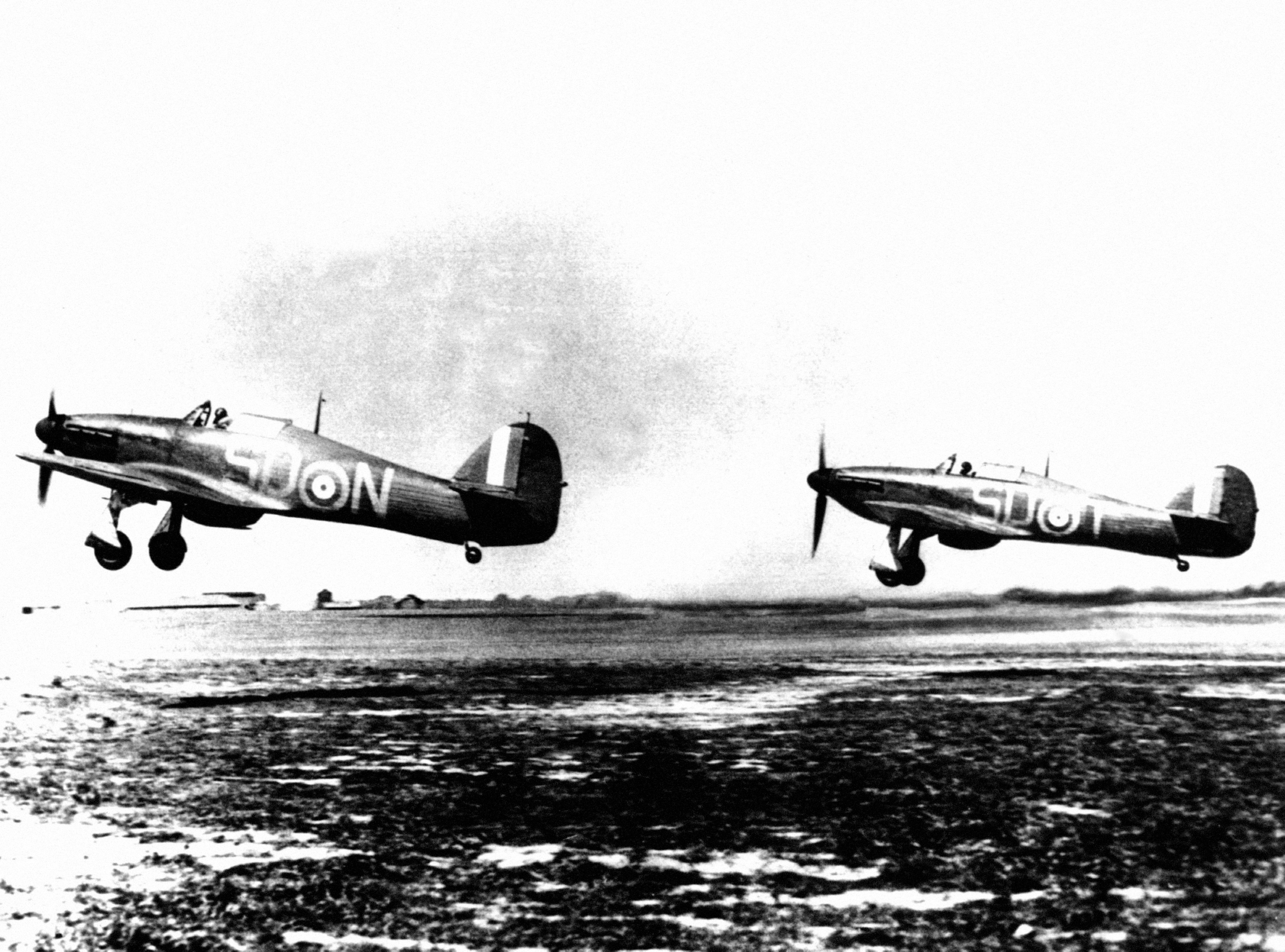 Two RAF Hawker Hurricane MK1 fighters from RAF 79 Squadron taking off from RAF Hawkinge during the Battle of Britain (Picture: PA).