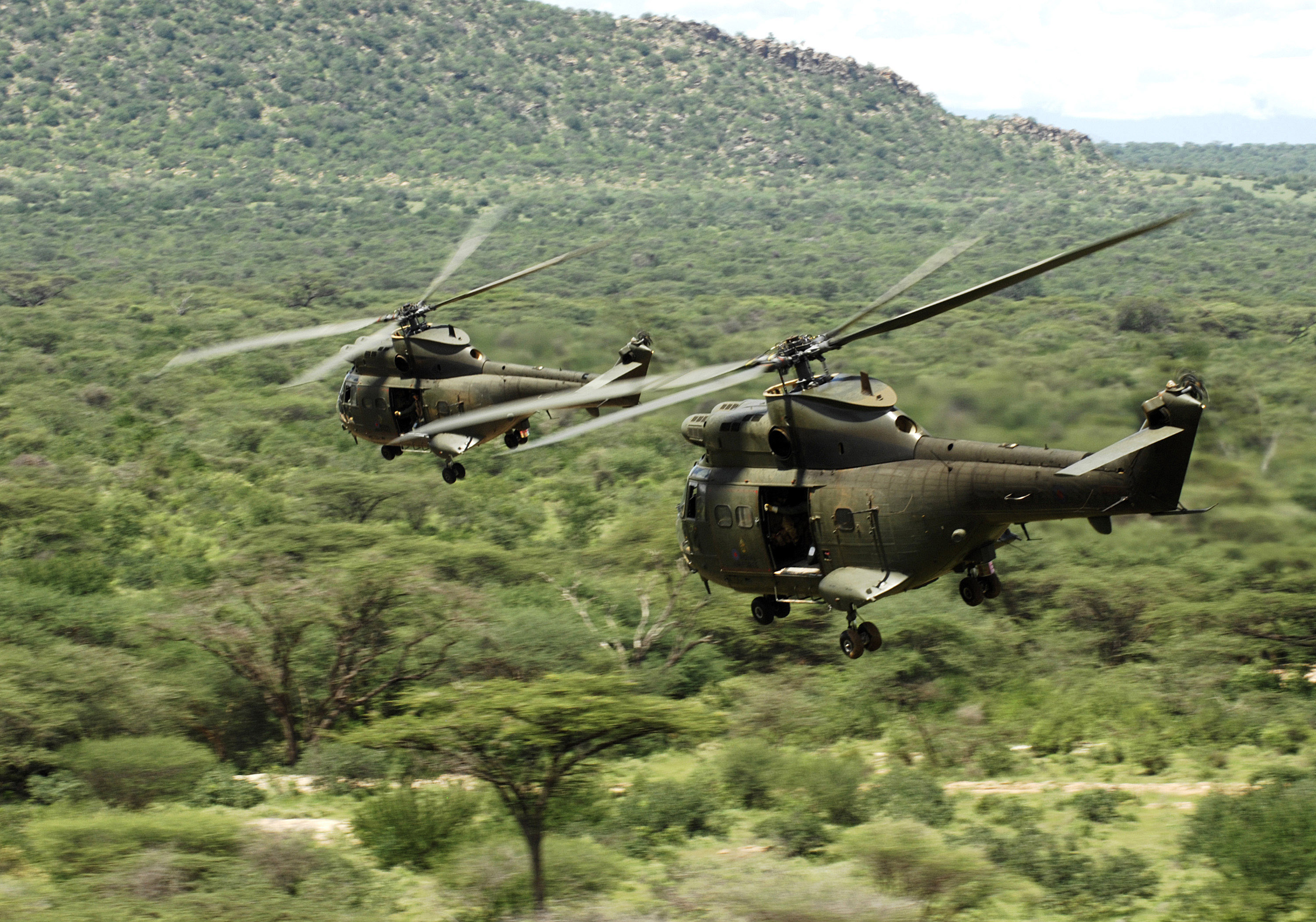 Two RAF Puma HC1 helicopters during Exercise Askari Thunder in Kenya 271111 CREDIT MOD